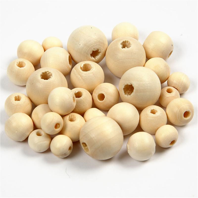 Træperler, dia. 8+10+12+15 mm, hulstr. 2-3 mm, kinesisk bærtræ, 175 g, 400ml