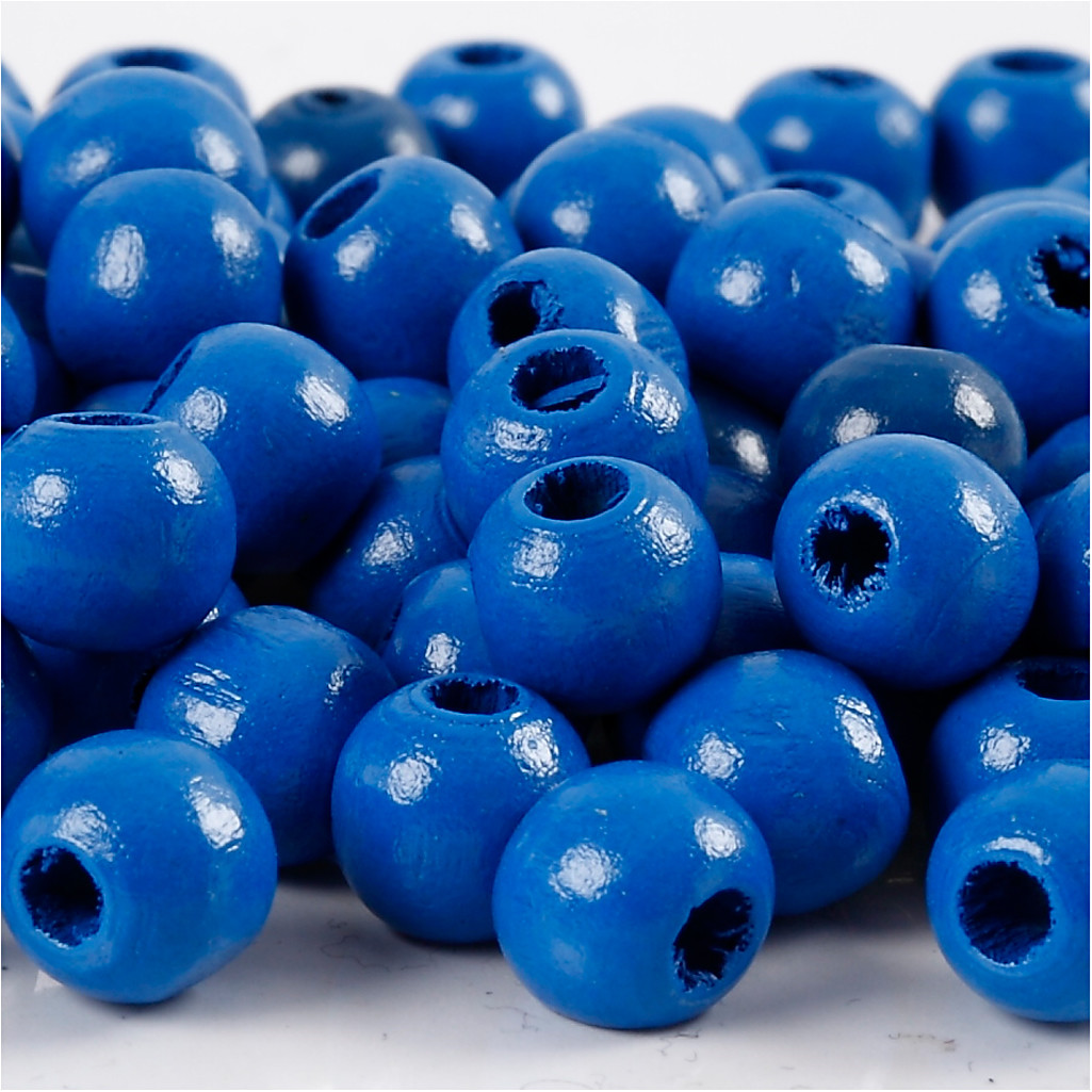 Træperler, dia. 10 mm, hulstr. 3 mm, blå, 20g, ca. 70 stk.