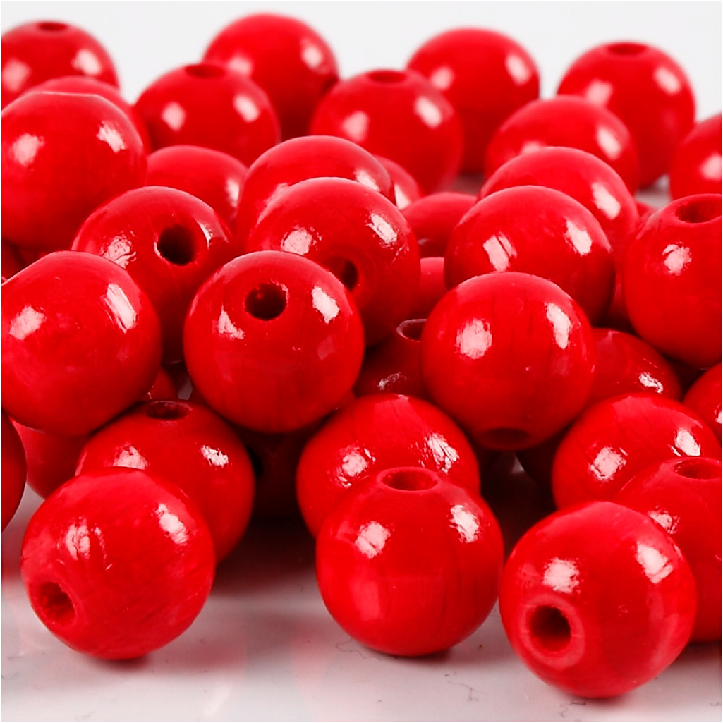 Træperler, dia. 12 mm, hulstr. 3 mm, rød, 22g, ca. 40 stk.