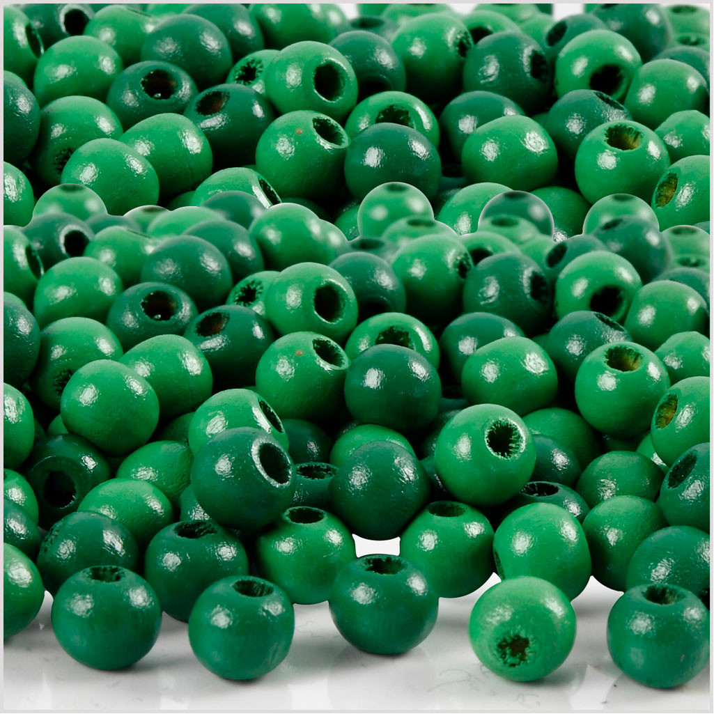 Træperler, dia. 5 mm, hulstr. 1,5 mm, grøn, 6g, ca. 180 stk.