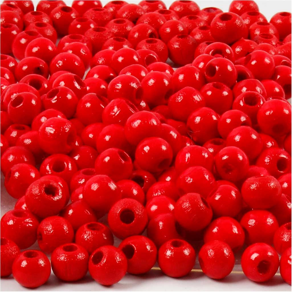 Træperler, dia. 5 mm, hulstr. 1,5 mm, rød, 6g, ca. 180 stk.