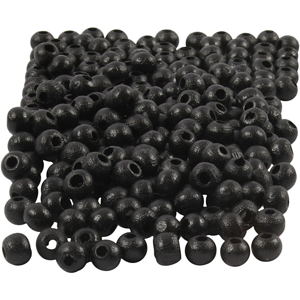 Træperler, dia. 5 mm, hulstr. 1,5 mm, sort, 6g, ca. 180 stk.