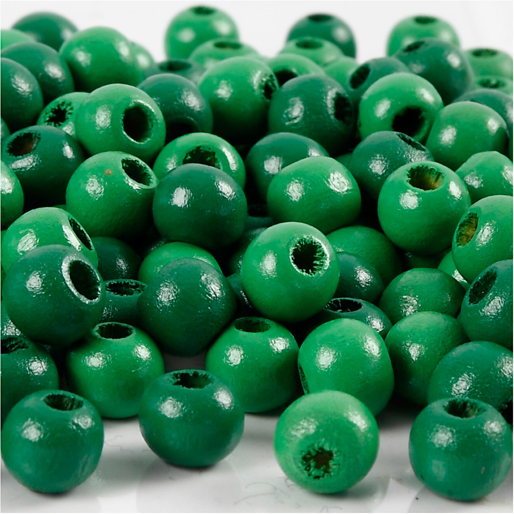 Træperler, dia. 8 mm, hulstr. 2 mm, grøn, 15g, ca. 80 stk.