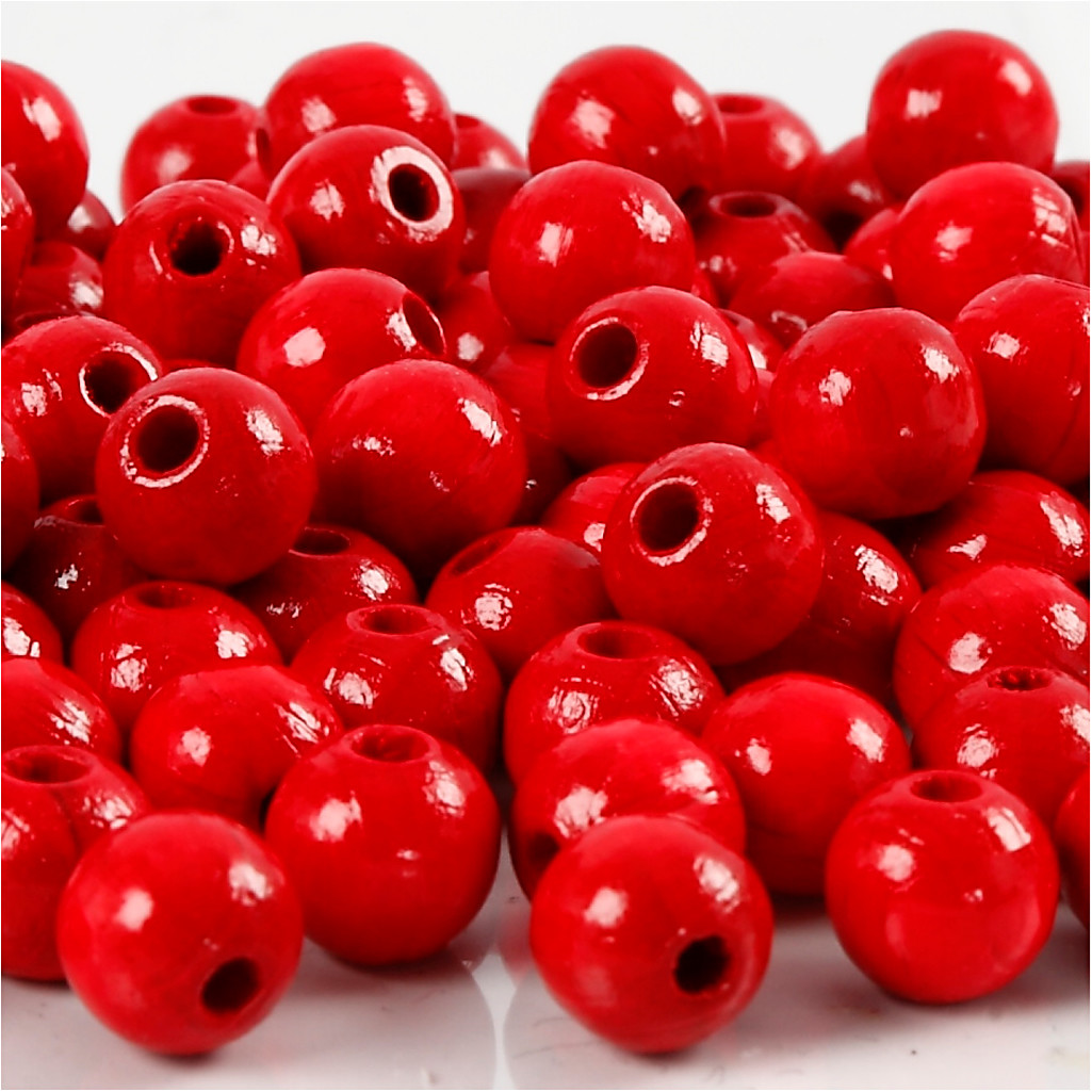 Træperler, dia. 8 mm, hulstr. 2 mm, rød, 15g, ca. 100 stk.