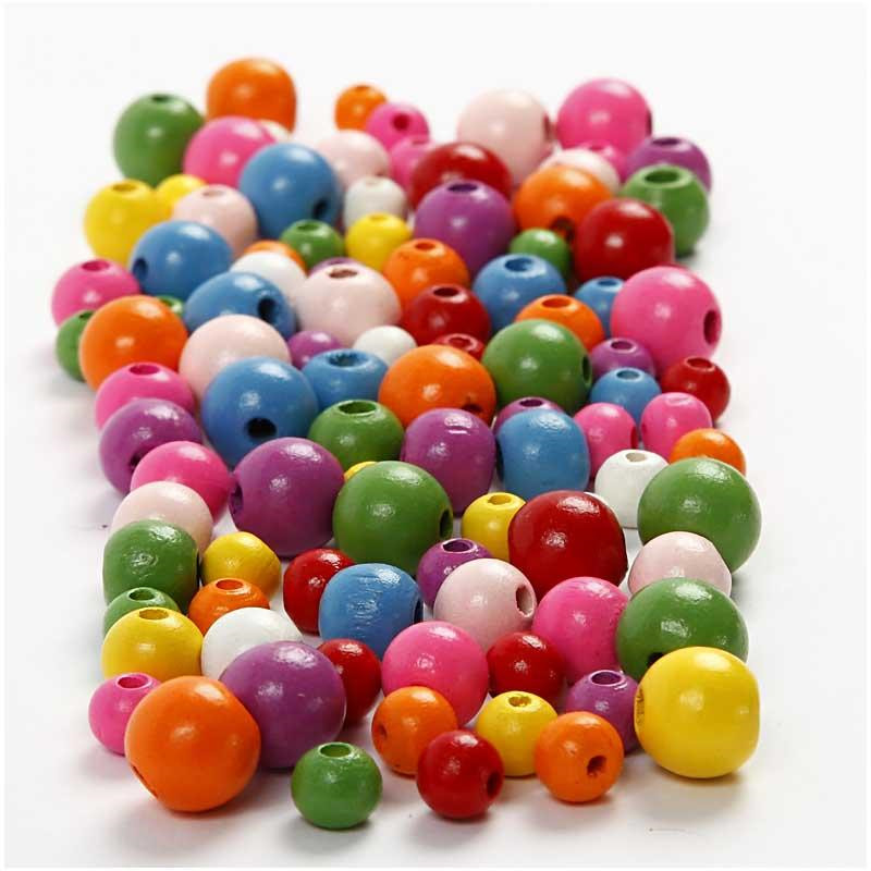 Træperler, dia. 8+10+12 mm, hulstr. 2-2,5 mm, ass. farver, kinesisk bærtræ, , 175 g, 400ml