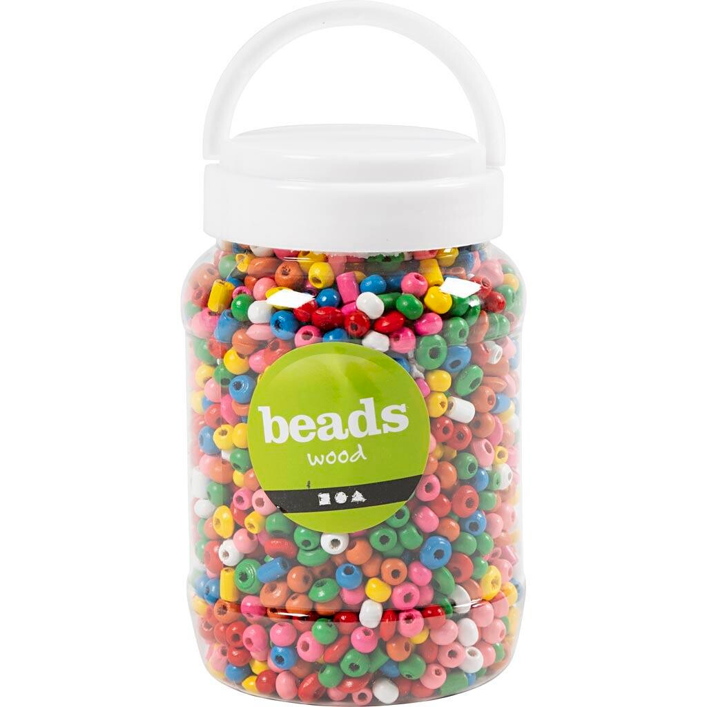 Træperler, diam. 5-8 mm, hulstr. 1.5 mm, ass. farver, 175 g, 400 ml/ 1 spand