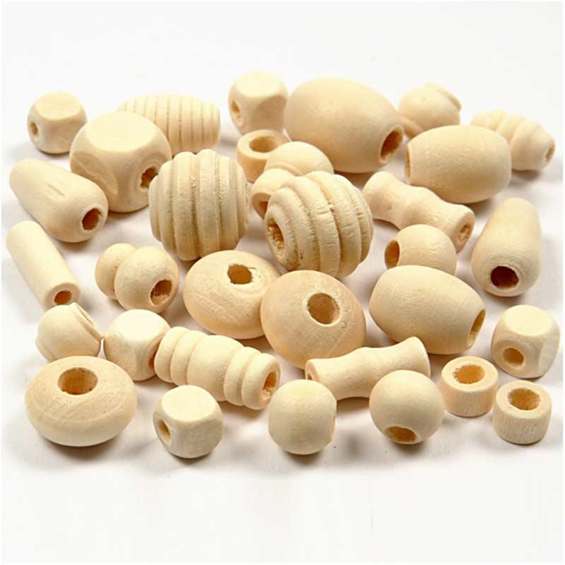 Træperler, str. 5-28 mm, hulstr. 2,5-3 mm, kinesisk bærtræ, 175 g, 400ml