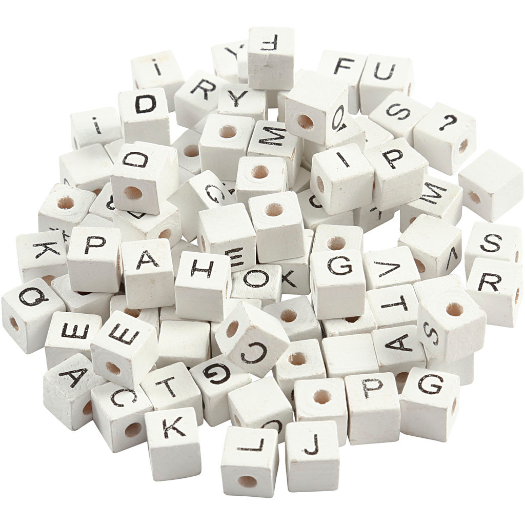 Træperler, str. 8x8 mm, hulstr. 3 mm, hvid, græstræ, A-Z, &, #, ?, 96ass.