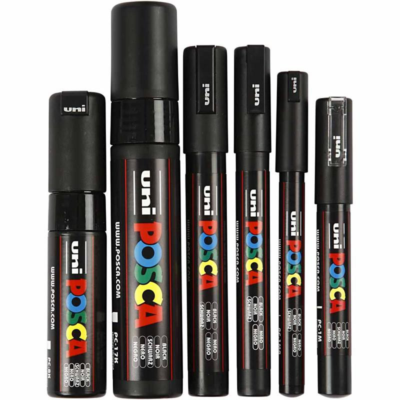 POSCA tusser sæt med 6 sorte markere i forskellige størrelser 0,7-15 mm