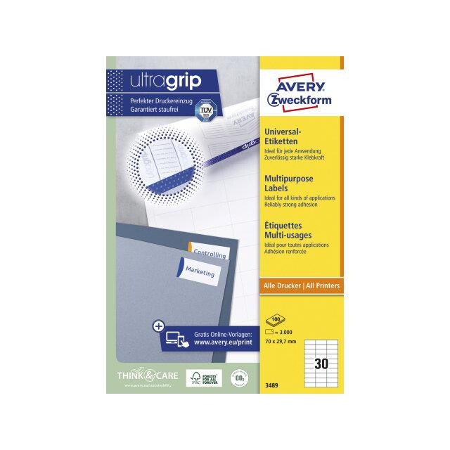 Universaletiket Avery 3489 70x29,7mm - 3000 stk pr pakke