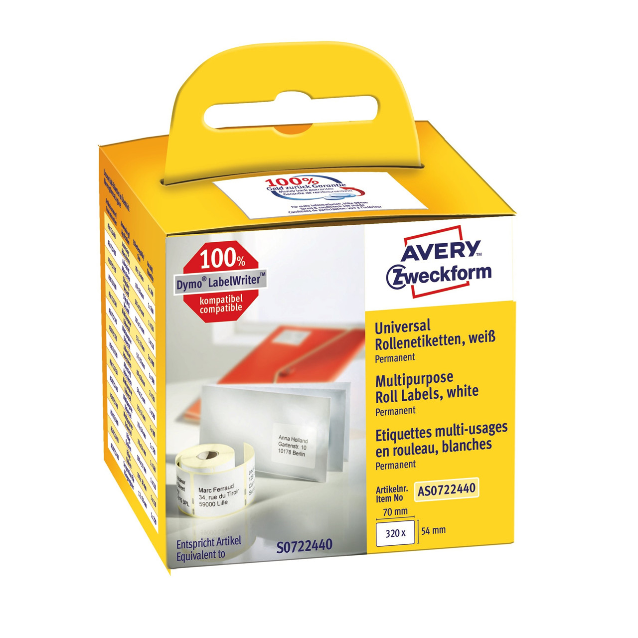 Avery AS0722440 - Universaletiketter til Dymo Labelwriter 70 x 54 mm - 320 etiketter