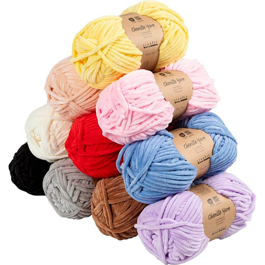 Velourgarn, L: 10x105 m, pind 5-6, ass. farver, 10x100 g/ 1 pk.