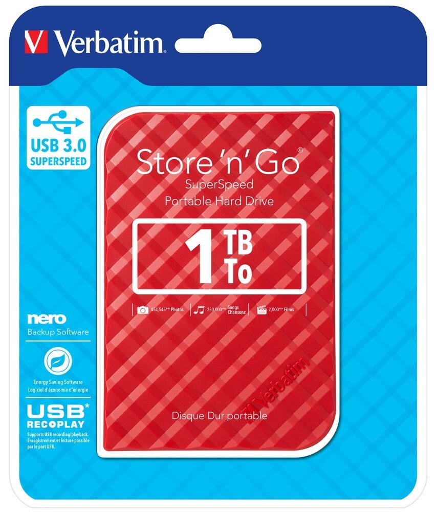 4 stk. Harddisk, Verbatim, 1TB Hard Drive 2,5'' Store N Go, rød