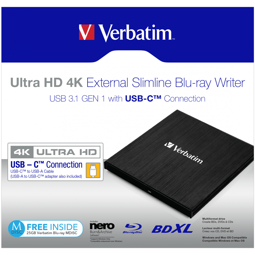 Verbatim External Ultra Hd 4K External Slimline Blu-Ray Writer USB 3.
