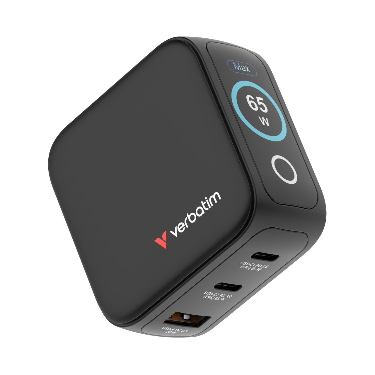 Rejseoplader - Verbatim - Mini GaN Charger - 3-port - USB-C/USB-A - 65W - Sort