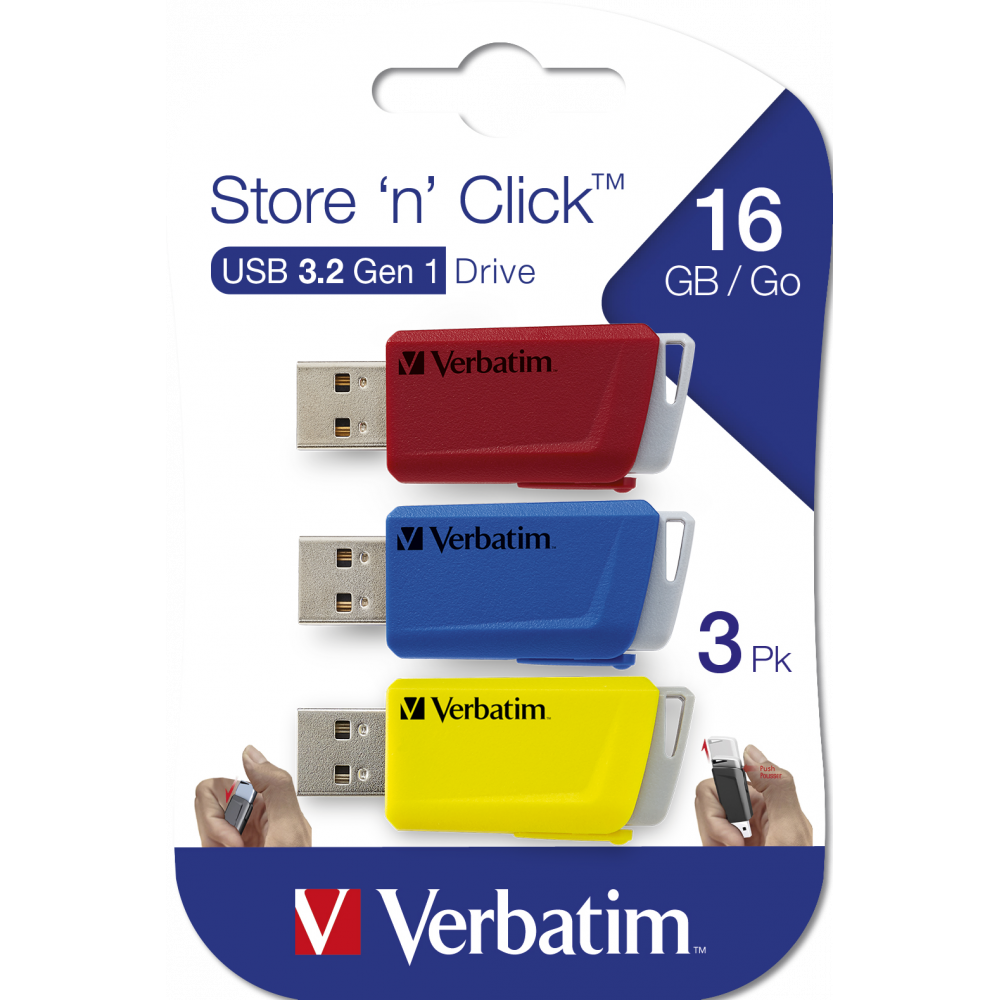 USB stik - Verbatim Store 'n' Click 16GB (3-pack) - Rød/Blå/Gul - USB 3.2 Gen 1