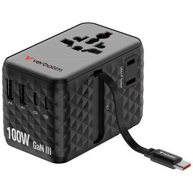 Rejseoplader - Verbatim - 100W - USB-C - Udtrækkeligt kabel - Sort