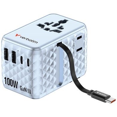Rejseoplader - Verbatim - 100W - USB-C - Udtrækkeligt kabel - Blå