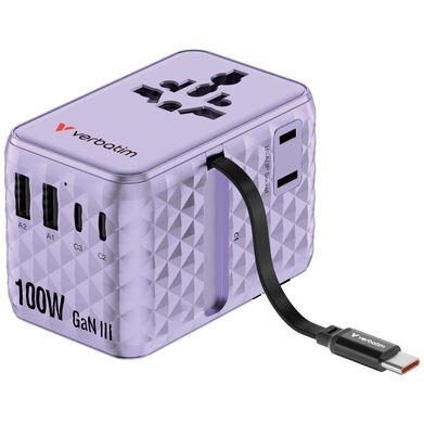 Rejseoplader - Verbatim - 100W - USB-C - Udtrækkeligt kabel - Lilla