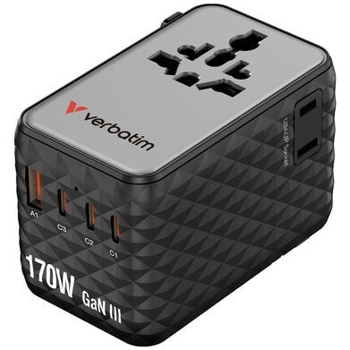 Rejseoplader - Verbatim - 170W - USB-C - Udtrækkeligt kabel - Sort