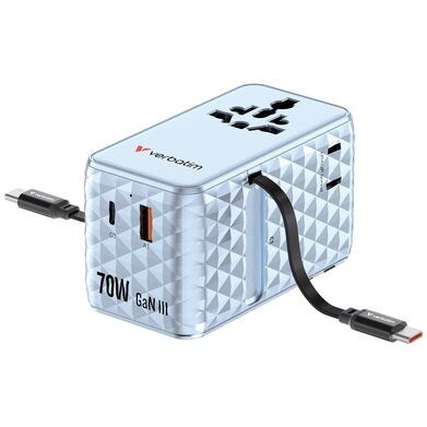 Rejseoplader - Verbatim - 70W - USB-C - Udtrækkeligt kabel - Blå