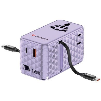 Rejseoplader - Verbatim - 70W - USB-C - Udtrækkeligt kabel - Lilla