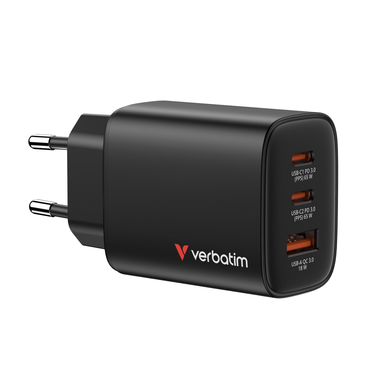 Oplader - Verbatim - 65W - USB-C - EU - 3-port - Sort