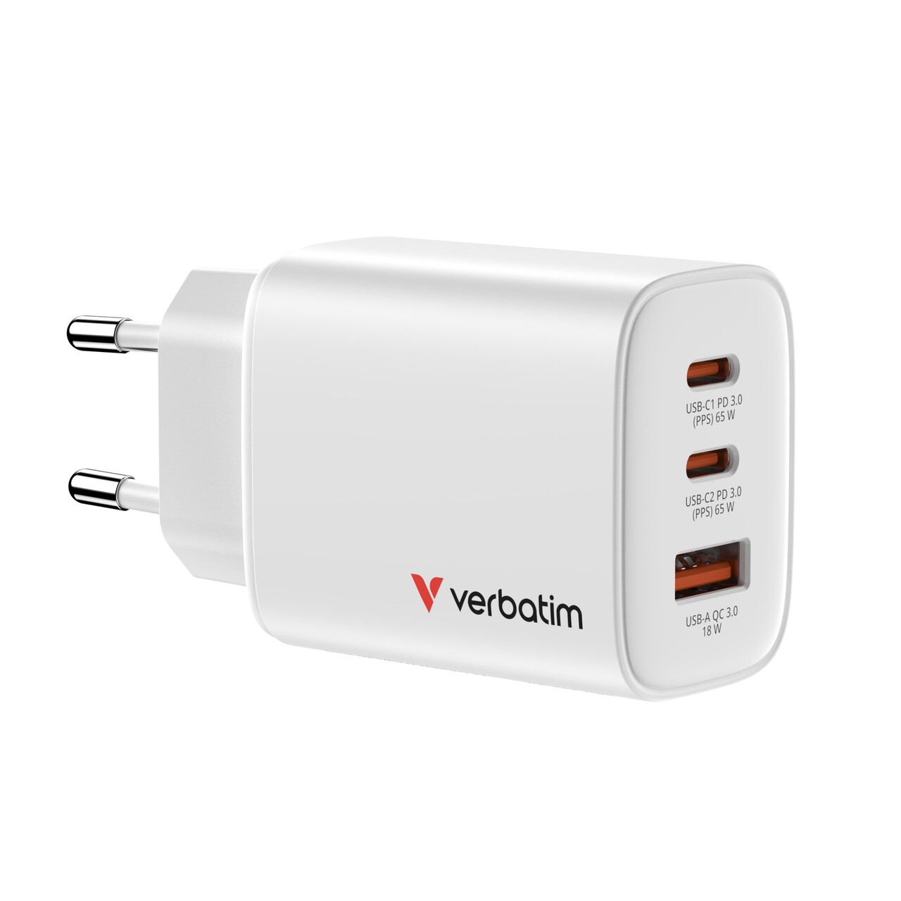 Oplader - Verbatim - 65W - USB-C - EU - 3-port - Hvid