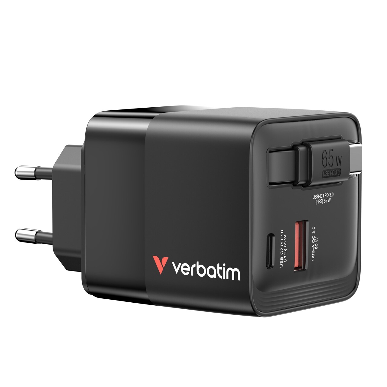 Verbatim Charger GaN 65W 2 Port retr cable US/EU/UK ADP sort