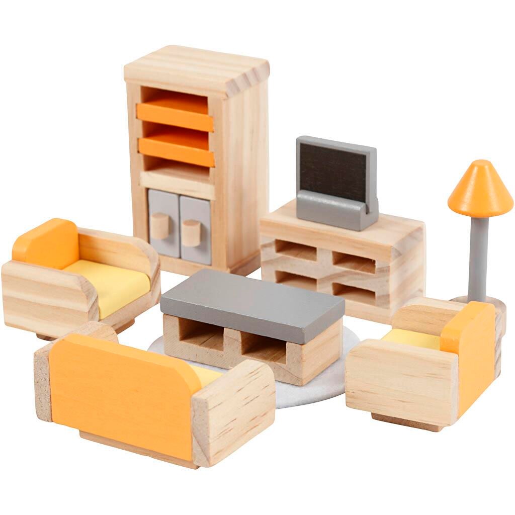Dukkehus møbler stue VIGA str. 2x2x7,5 cm - 8 dele pr sæt