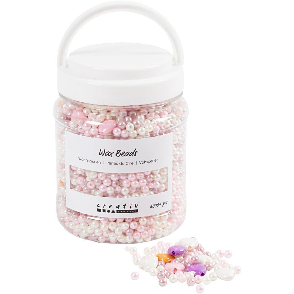 Voksperler, hulstr. 1,3-2,5 mm, pastelorange, soft rosa, lys lilla, perlemor, 700 ml, 425 g