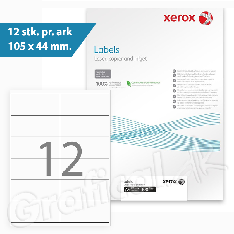 Etiketter print selv Xerox - 12 pr. ark 105 x 44 mm 003R97405 - 100 ark