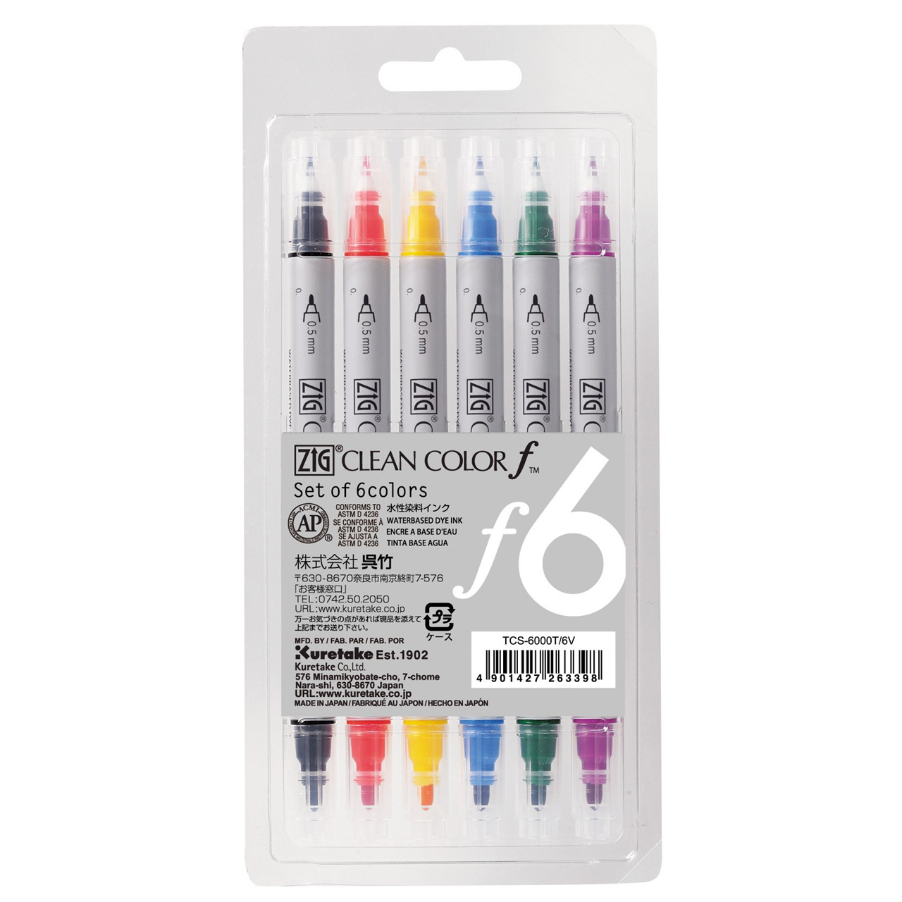 Tuschsæt - ZIG Clean Color F 6 farver - Dual tip