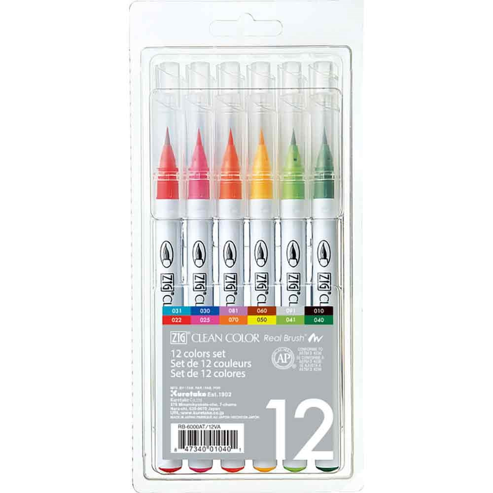 Tuschsæt - ZIG Clean Color Real Brush 12 farver - Børstespids