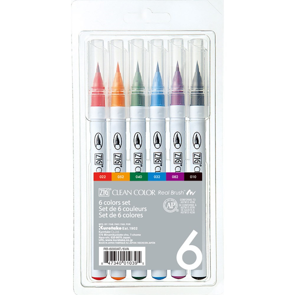 Tuschsæt - ZIG Clean Color Real Brush 6 farver - Børstespids