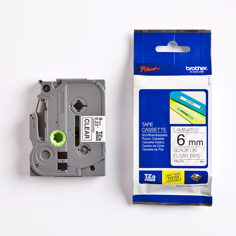 Brother labeltaper TZe 111 - Sort/klar 6 mm x 8 m.