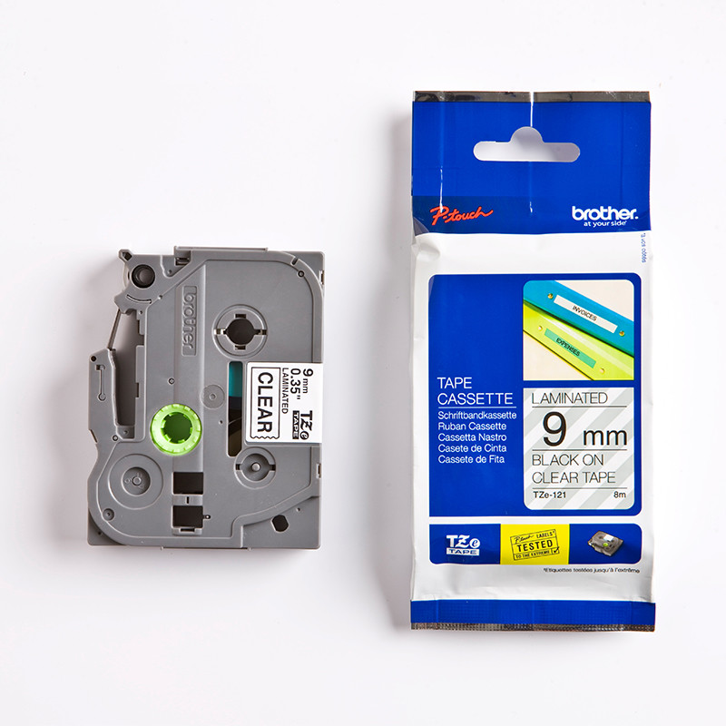 Brother labeltape TZe 121 - Sort/klar, 9 mm x 8 m.