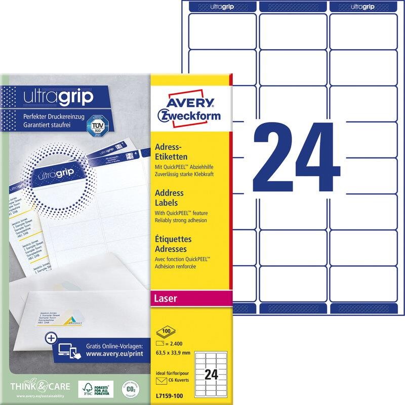 Etiketter Avery 63,5x33,9 mm hvid, QuickPEEL™ til laserprinter - (100 ark x 24 stk.)