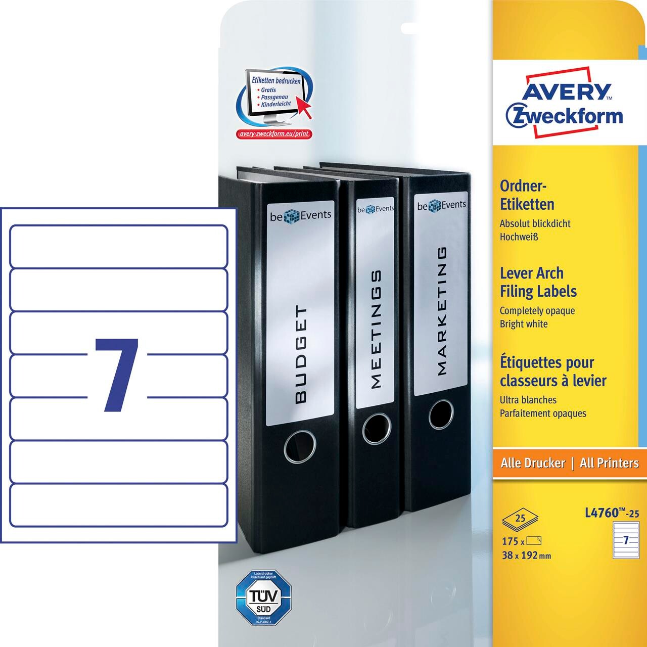 Etiket Avery 192x38mm L4760 7stk Ark 25ark Pak