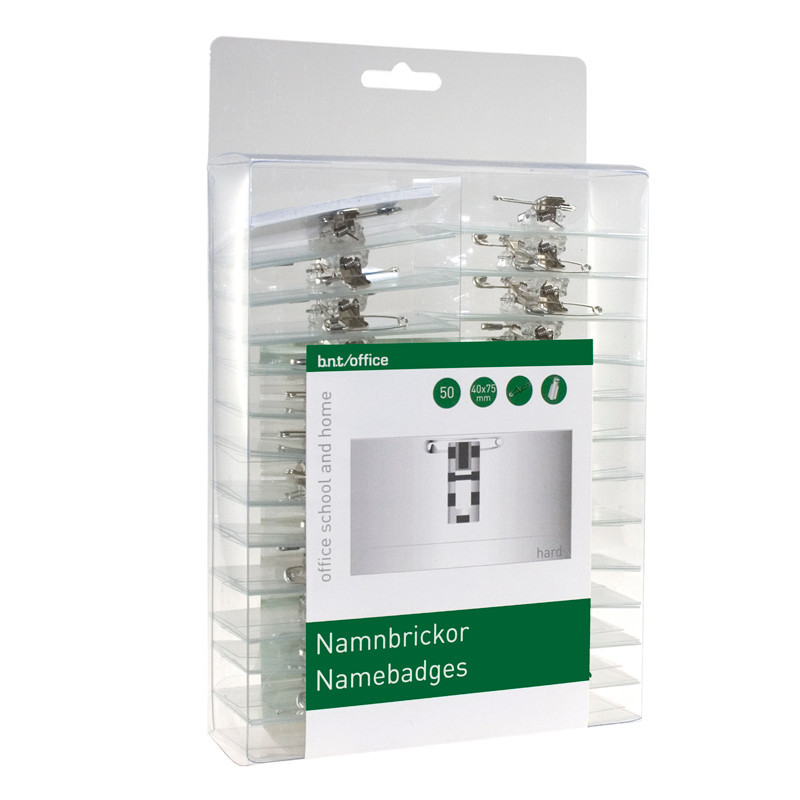 Navneskilte 40x75 mm med clip, nål & indstik - (50 stk.)