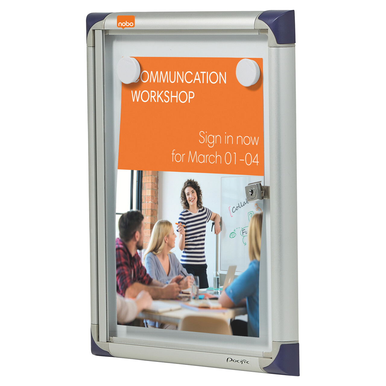 Nobo magnetisk låsbart opslagsskab ekstra fladt med hængslet låge 1XA4 Hvid