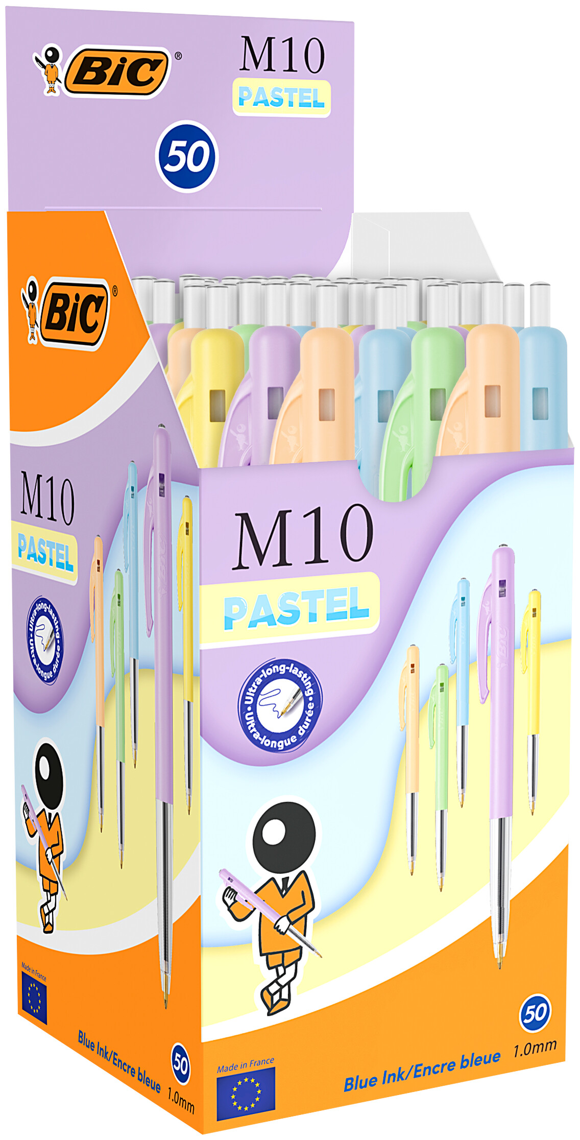 Kuglepenne, BIC M10, 1 mm, blå, assorterede pastelfarver, pakke med 50 stk