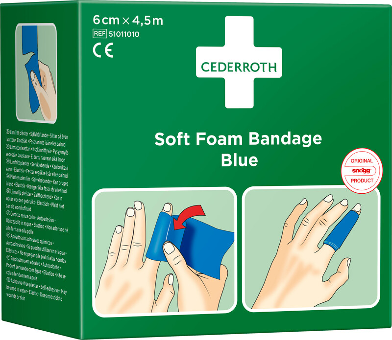 Cederroth soft bandage/plaster, blå, 6cm x 450cm billede