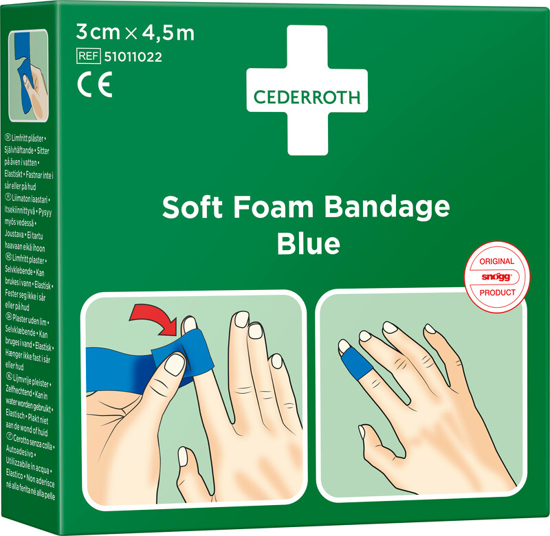 Cederroth soft bandage/plaster, blå, 3cm x 450cm billede