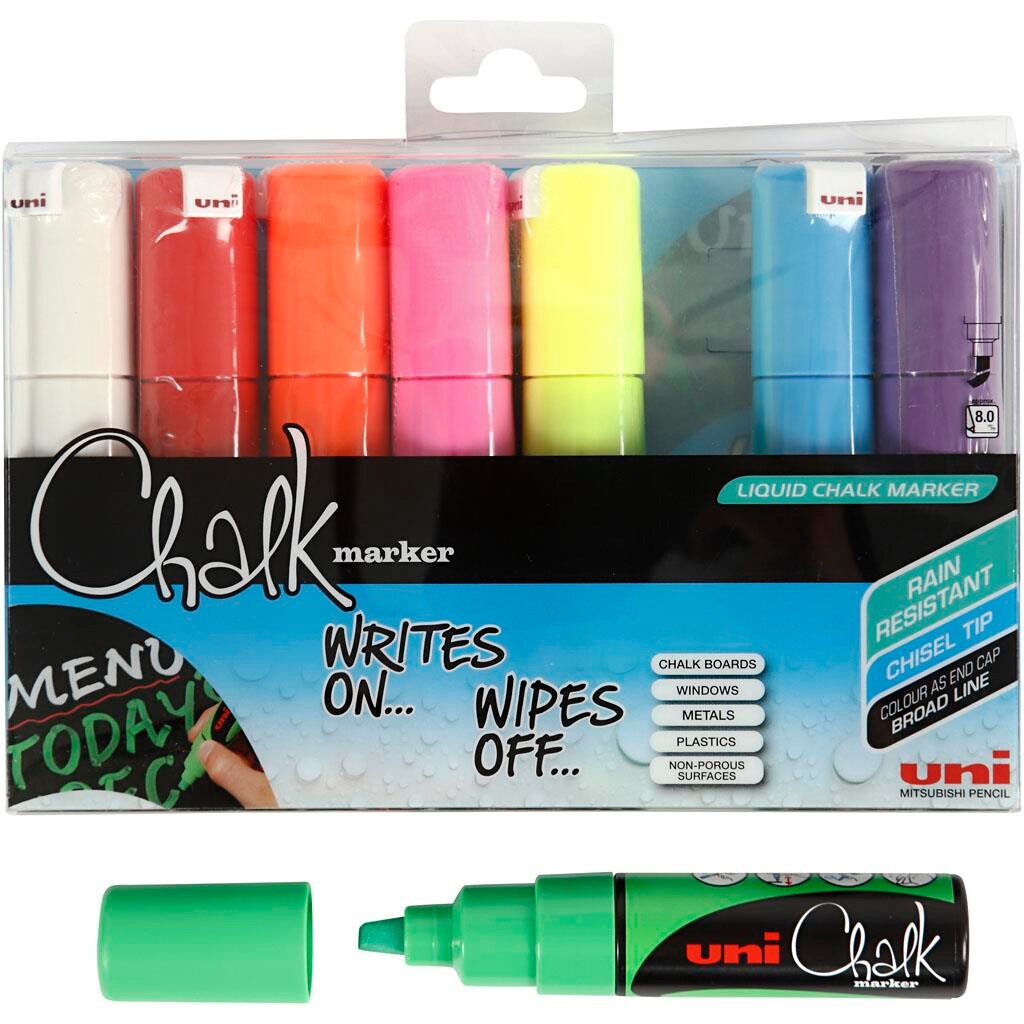 Chalk Marker, 8 mm streg, 8 ass. farver, billede