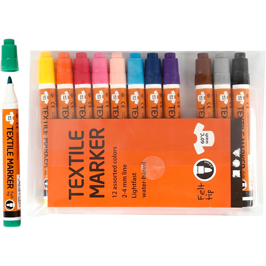 Textile Marker, 2-4 mm streg, ass. farve, 12 ass. billede