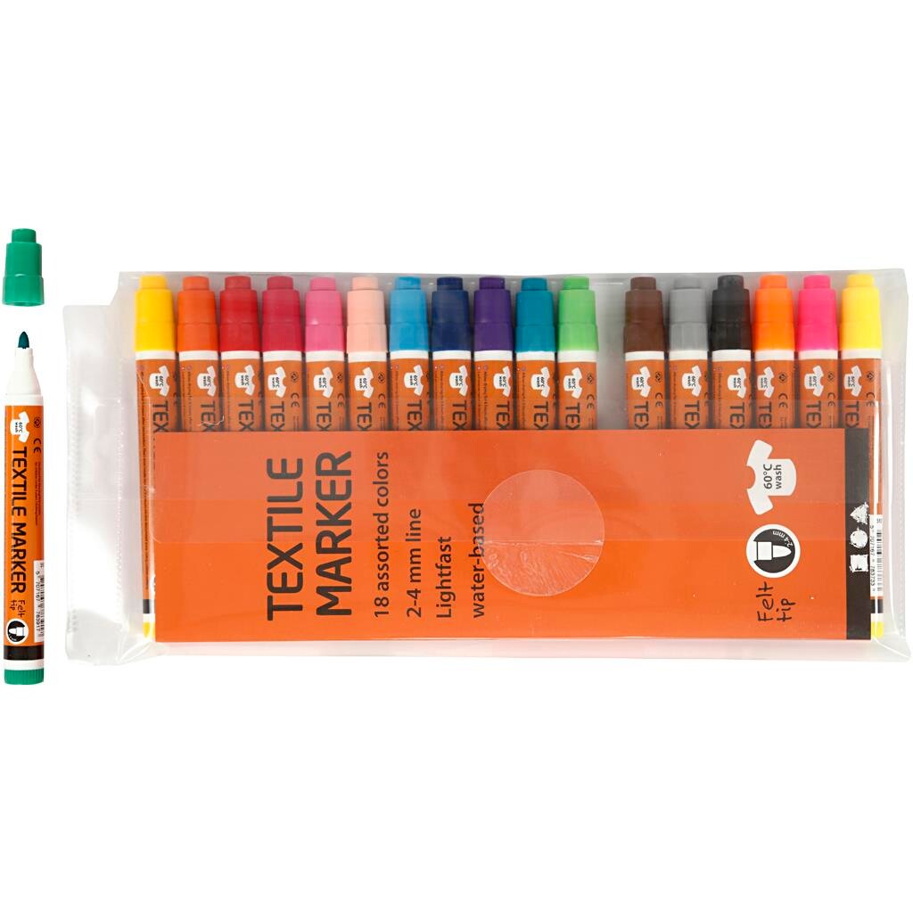 Textile Marker, 2-4 mm streg, ass. farver, 18 ass. billede