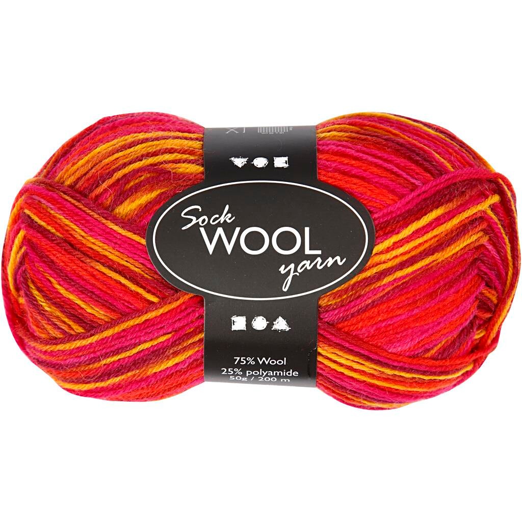 Strømpegarn, 200 m, rød/orange harmoni, 50 g. billede