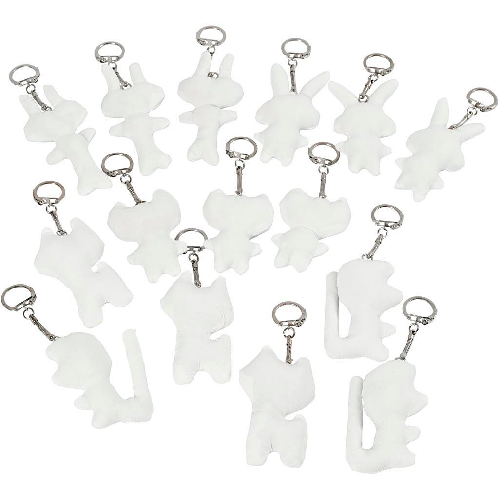 Stoffigurer med nøglering, 6 - 10 cm - Hvid, 15 stk.