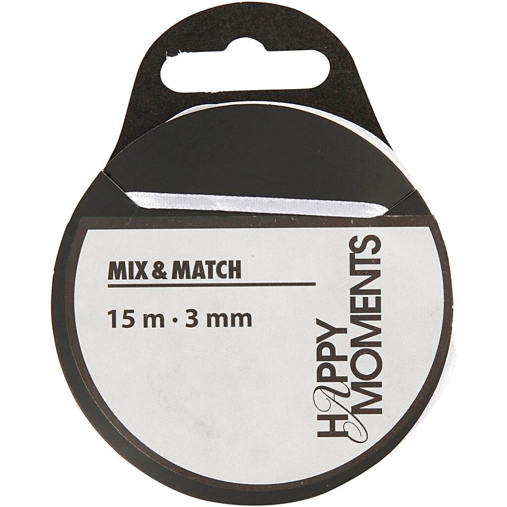 Satinbånd, bredde 3 mm., hvid, 15 meter billede